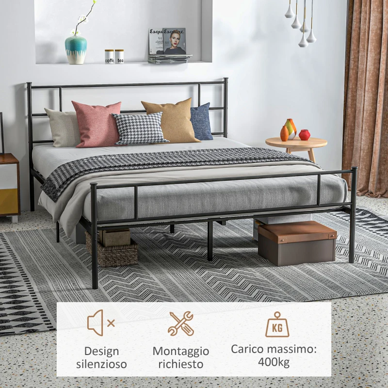 HOMCOM Struttura Letto Matrimoniale in Acciaio 160x200cm con Doghe, Testiera e Pediera - Nero