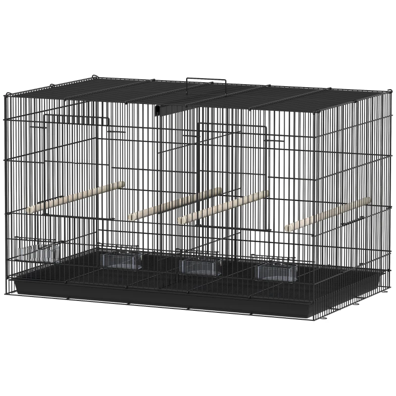 PawHut Jaula para Pájaros con Divisor 4 Comederos 4 Perchas Bandeja Extraíble para Loros Canarios Periquitos 76x46x46 cm Negro