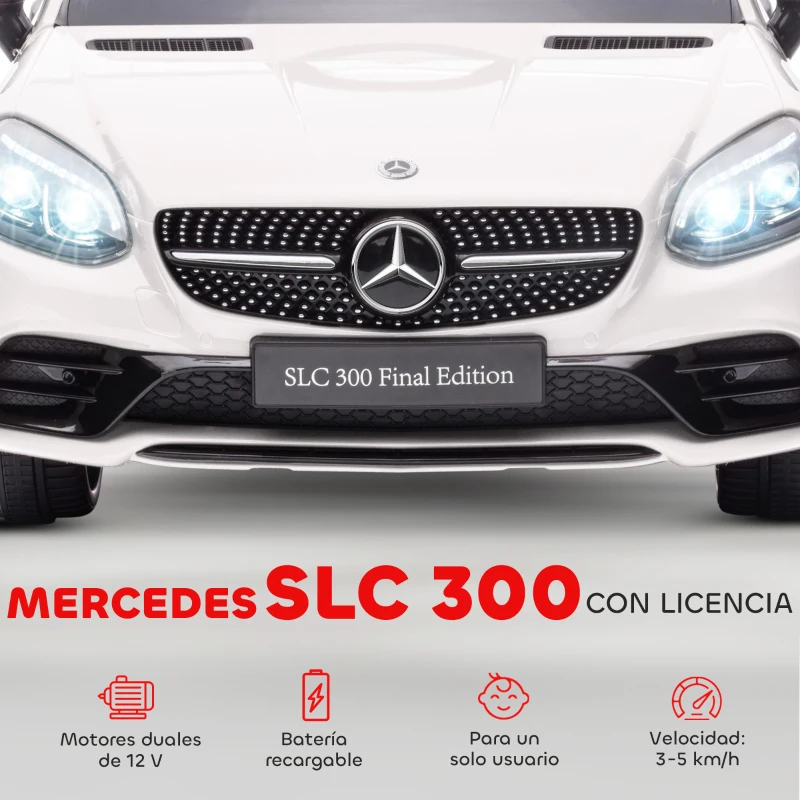 AIYAPLAY Coche Eléctrico Mercedes SLC 300 12V para Niños de 3-6 Años con Mando a Distancia Faros LED Bocina 107x62,5x44 cm Blanco