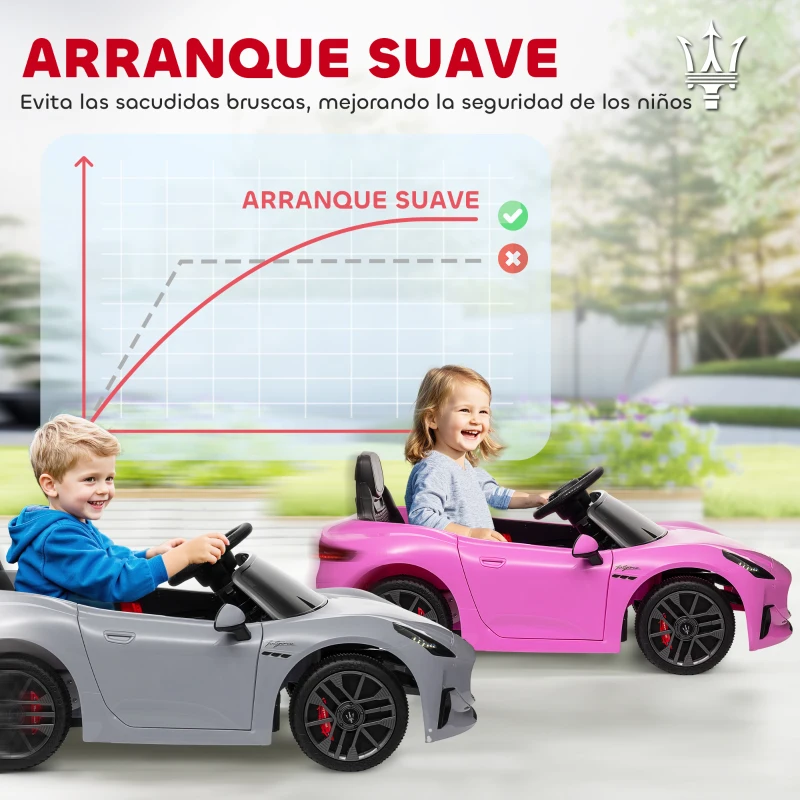 AIYAPLAY Coche Eléctrico Infantil Maserati Gran Turismo Folgore con Batería 12V Mando a Distancia Faros Bocina Música MP3 Gris
