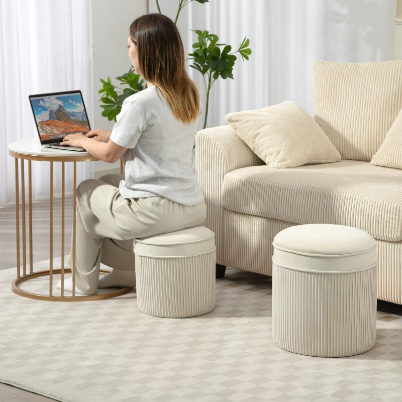 HOMCOM Lot de 2 poufs de rangement en velours, repose-pieds ronds gigognes avec couvercle amovible, Ø 36 et Ø 32 cm, crème