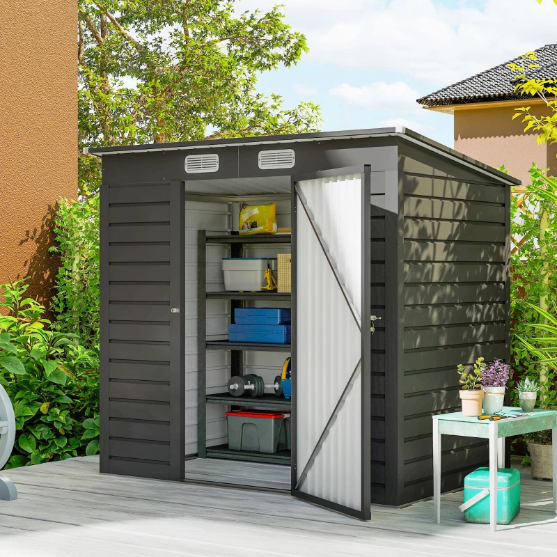 Outsunny 4 x 6ft Galvanised Metal Garden Shed, with Locking Door - Grey