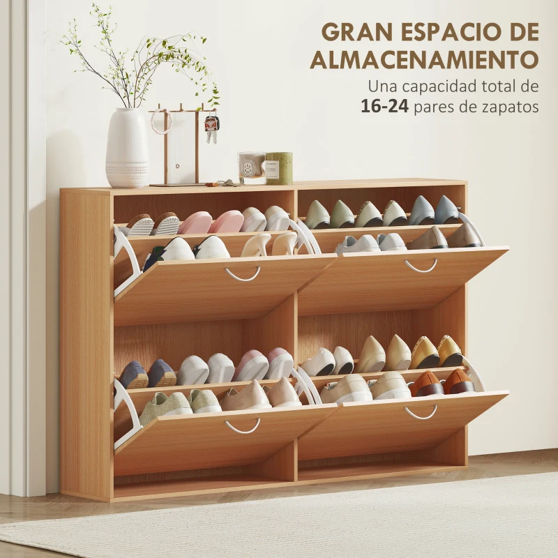 HOMCOM Zapatero Estrecho con 4 Puertas Estantes Ajustables para 16-24  Pares de Zapatos 120x24x81 cm Natural