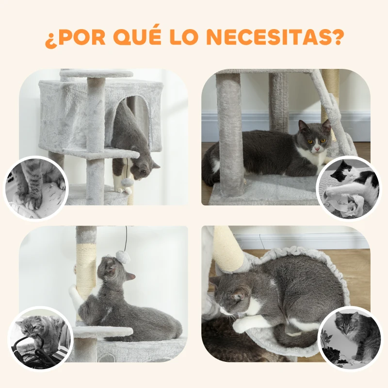 PawHut Árbol Rascador para Gatos 160 cm con Plataformas Cama 2 Cuevas Hamaca Escalera Postes de Sisal Gris Claro