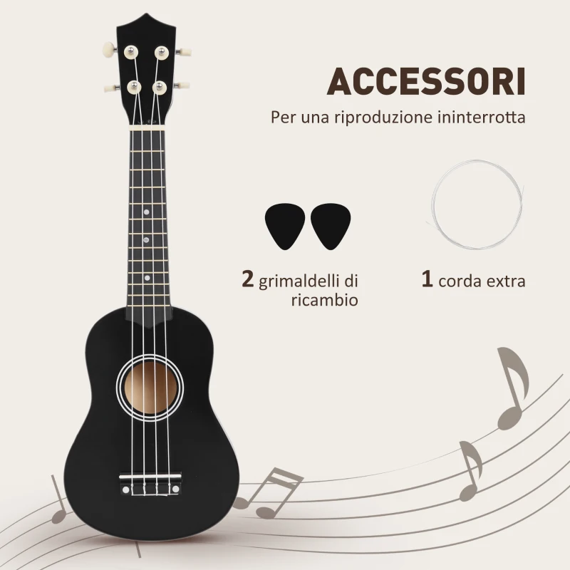 HOMCOM Ukulele per Principianti da 21 Pollici in Legno con Corde in Nylon, Plettro e Corda di Ricambio, Nero