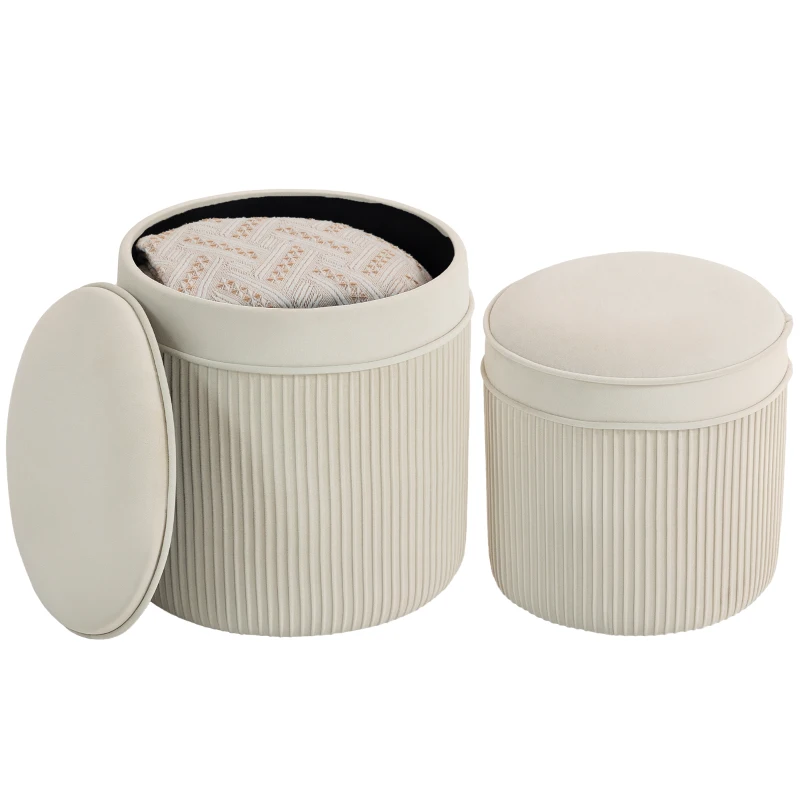 HOMCOM Lot de 2 poufs de rangement en velours, repose-pieds ronds gigognes avec couvercle amovible, Ø 36 et Ø 32 cm, crème