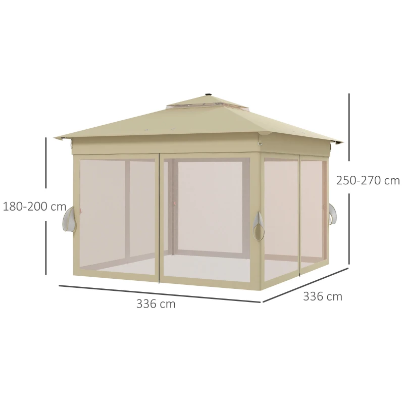 Outsunny Pavilion 3,3x3,3m rezistent la apă pop-up pliabil cu LED, acoperiș dublu, plasă anti-țânțari, 4 părți laterale, geantă