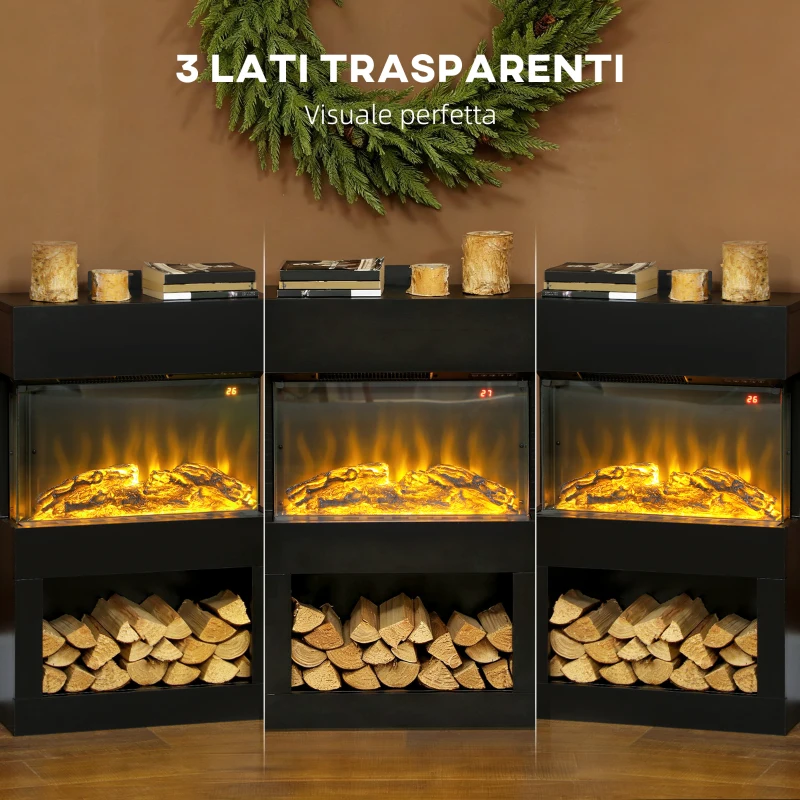 HOMCOM Camino Elettrico con Effetto Fiamma 3D Colorata, 1000W/2000W con Temperatura Regolabile e Telecomando, Nero