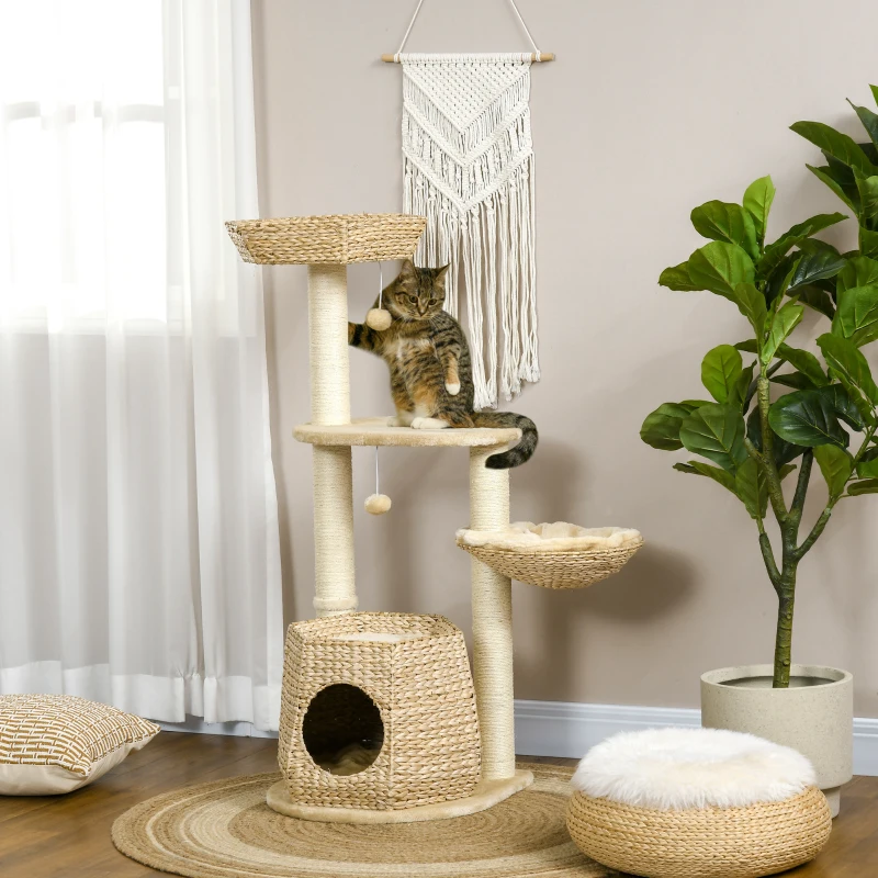PawHut Arbre à chat arbre à grimper griffoir pour chat hauteur 119 cm colonnes renforcées avec niche hamac 2 balles suspendues