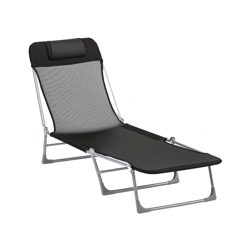 Outsunny Sun Lounge Foldable Reclining Chair with Pillow 5-Level Adjustable Garden Beach Outdoor Texteline Black