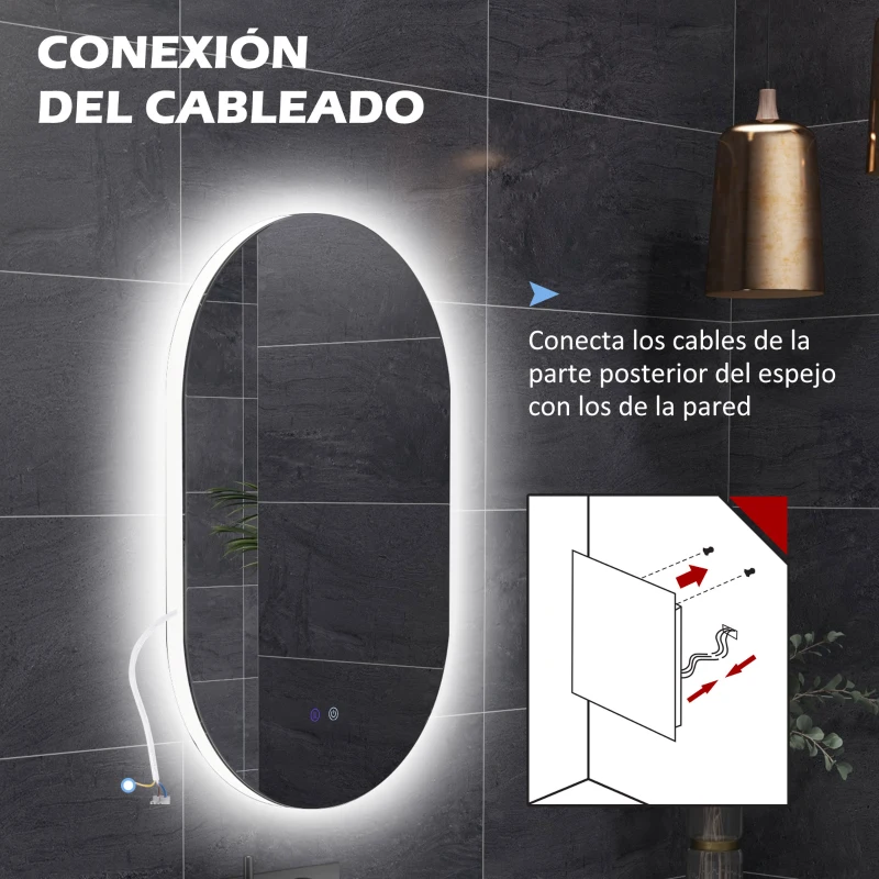 kleankin Espejo de Baño con Luces LED 81x51 cm Espejo de Pared con 3 Colores Interruptor Táctil Función de Desempañado Plata