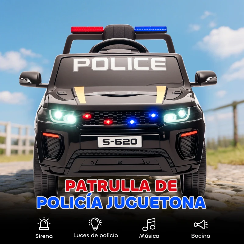 AIYAPLAY Coche Eléctrico para Niños de Policía con Mando a Distancia Motor Doble Sirena Suspensión en 4 Ruedas y Faros Negro