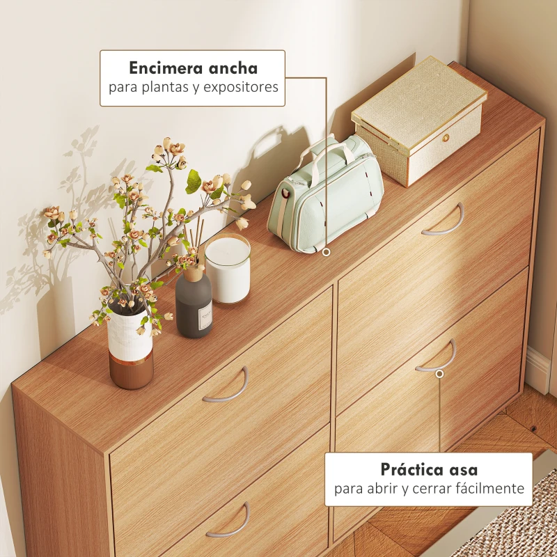 HOMCOM Zapatero Estrecho con 4 Puertas Estantes Ajustables para 16-24  Pares de Zapatos 120x24x81 cm Natural