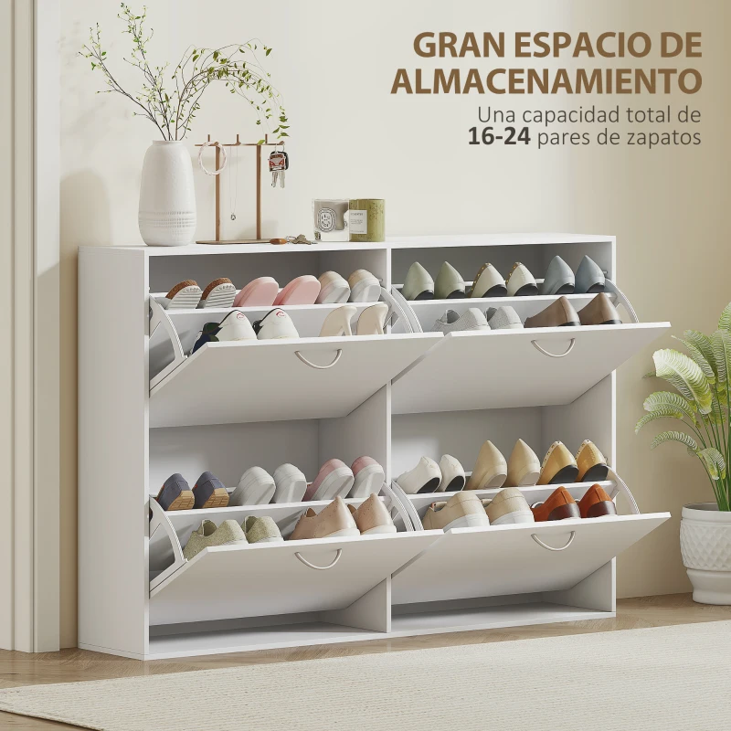HOMCOM Mueble Zapatero Blanco Zapatero Moderno con 4 Cajones Abatibles para 16-24 Pares de Zapatos para Pasillo 120x24x81 cm