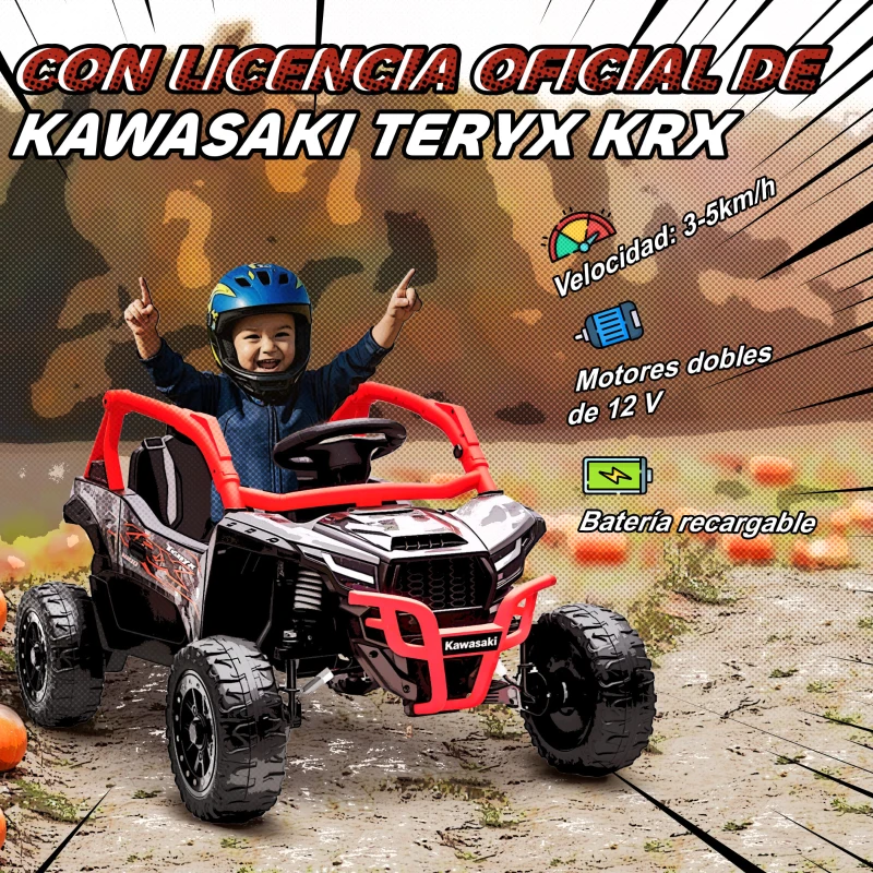 AIYAPLAY Coche Eléctrico para Niños 12V con Licencia Kawasaki Teryx KRX 1000 Control Remoto Suspensión Trasera Rojo