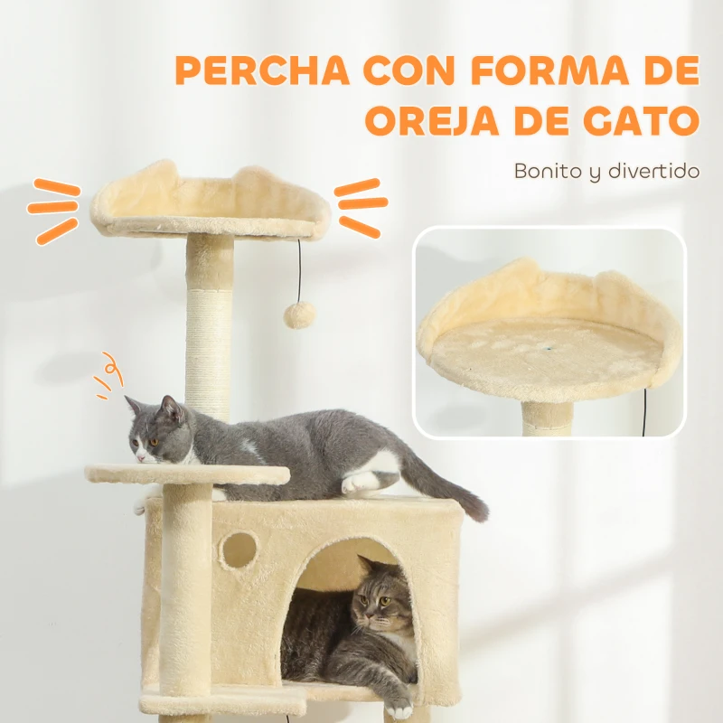PawHut Árbol Rascador para Gatos 160 cm con Plataformas Cama 2 Cuevas Hamaca Escalera Postes de Sisal Beige