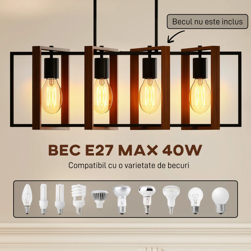 HOMCOM Candelabru Suspendat Rustic cu 4 Cadre Rotative și Lanț Regulabil, 80x21x90-130 cm, Negru și Nuc