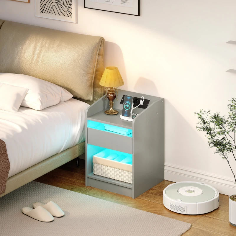 HOMCOM Mesa de Cabeceira com Luzes LED Gaveta Prateleira Estação de Carregamento Entrada USB e Controlo Remoto 40x40x58 cm Cinzento