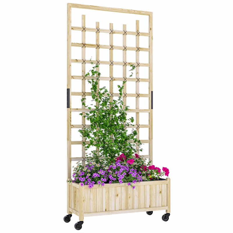 Outsunny Jardineira com treliça, vaso com rodas, para plantas trepadeiras, madeira maciça, 82,5x35x186cm, madeira natural