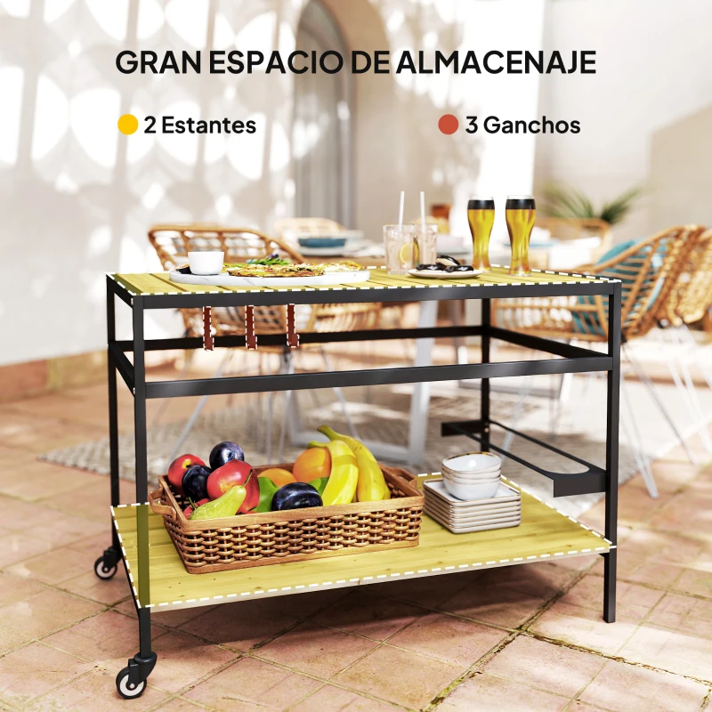 Outsunny Camarera con Ruedas de Madera con 2 Estantes 3 Ganchos Encimera de Listones y Asa 107x65x80 cm Natural