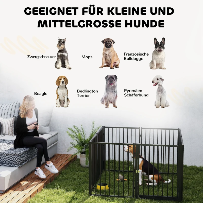 PawHut Welpenauslauf, Hundeauslauf, Welpengehege, 8 Paneele mit Tür, faltbarer und tragbarer Hundezaun, Stahl, Schwarz(m-9)