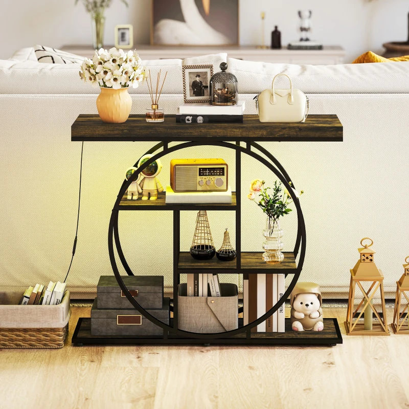 HOMCOM Console meuble avec éclairage LED 100 cm, table console à 4 niveaux avec étagères ouvertes, marron rustique et noir