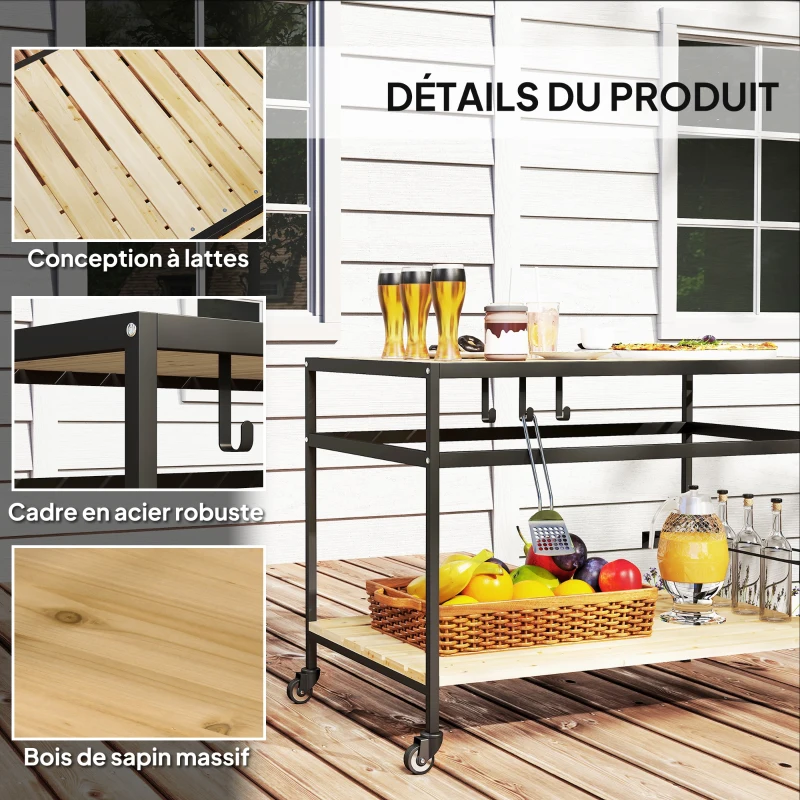 Outsunny Desserte de jardin chariot pour plancha en bois et métal 2 étagères 3 crochets 107 x 65 x 80 cm noir naturel