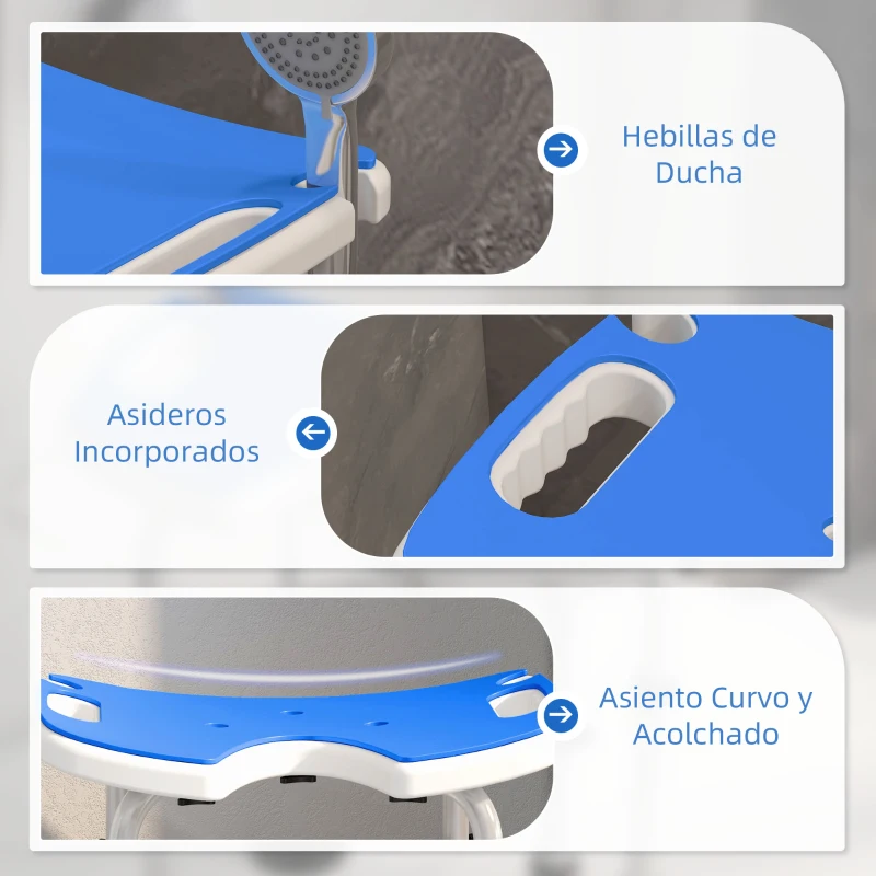 HOMCOM Silla de Ducha Antideslizante con Barra de Agarre con Ventosas Altura Regulable y Asiento en Forma de U Azul