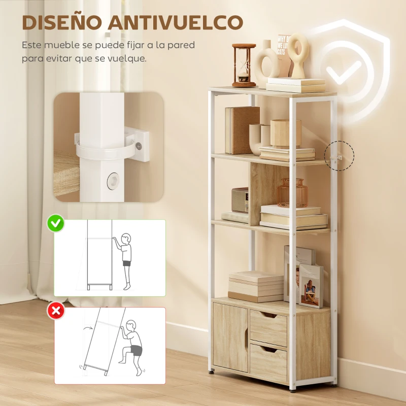 HOMCOM Librería Estantería para Libros con Estantes Cajones y Puerta 58x24x122 cm Estilo Industrial Blanco y Madera Natural