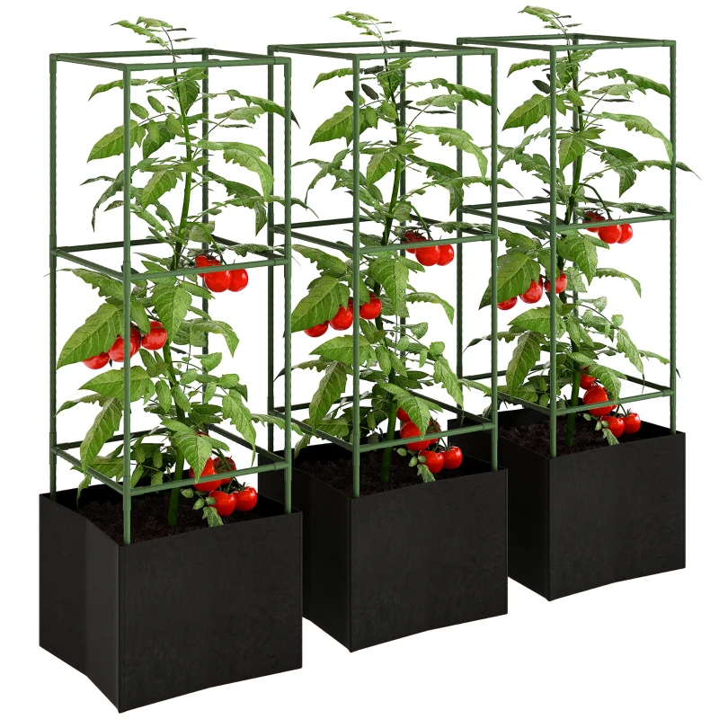 Outsunny Conjunto de 3 gaiolas quadradas para tomates com sacos de cultivo de 51,2 L, treliça para flores, legumes, plantas trepadeiras, verde