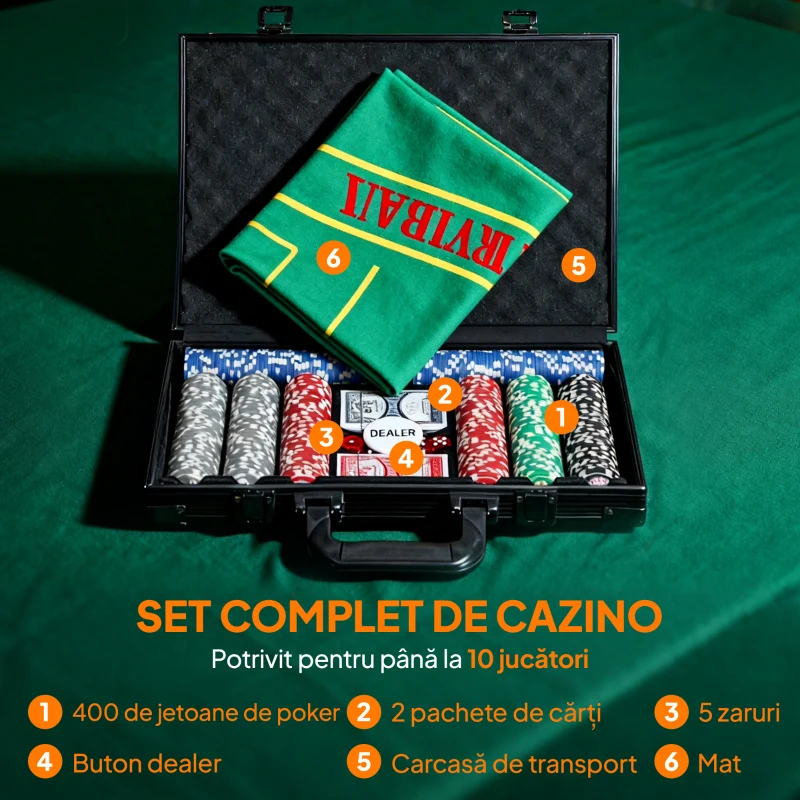 SPORTNOW Set de Poker pentru 10 Jucători cu 400 Jetoane, 2 Pachete de Cărți, 5 Zaruri, Geantă și Covor de Joc, 39,5x28x8 cm, Multicolor