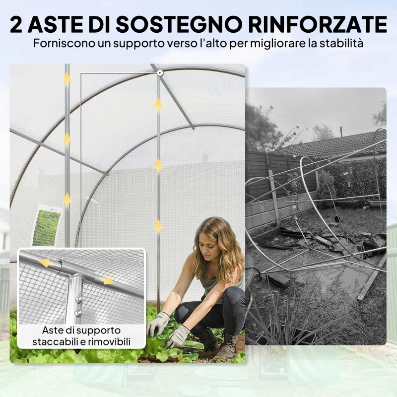 Outsunny Serra a Tunnel con 2 Aste Rimovibili e Porte e Finestre a Rete, in Acciaio Zincato e PE, 396x300x200 cm, Bianco