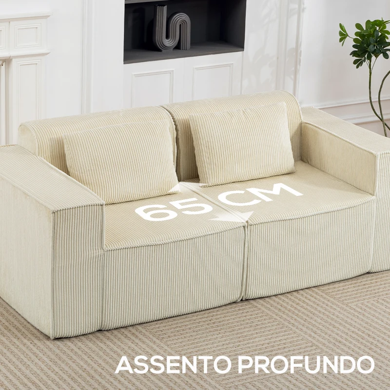 HOMCOM Sofá de 3 Lugares Sofá de Sala 202x90x76 cm Revestido em Veludo Cotelê Acolchoamento Espesso e 2 Almofadas Bege