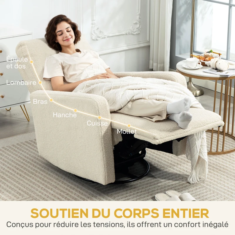 HOMCOM Fauteuil inclinable, fauteuil de relaxation avec repose-pieds, pivotant à 360° et basculant, 76 x 94 x 100 cm, beige