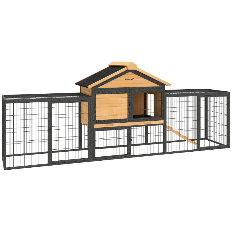 PawHut Wooden Rabbit Hutch Outdoor with Steel Run, Wooden Guinea Pig Cage with Removable Plastic Tray, Asphalt Roof, Ramp