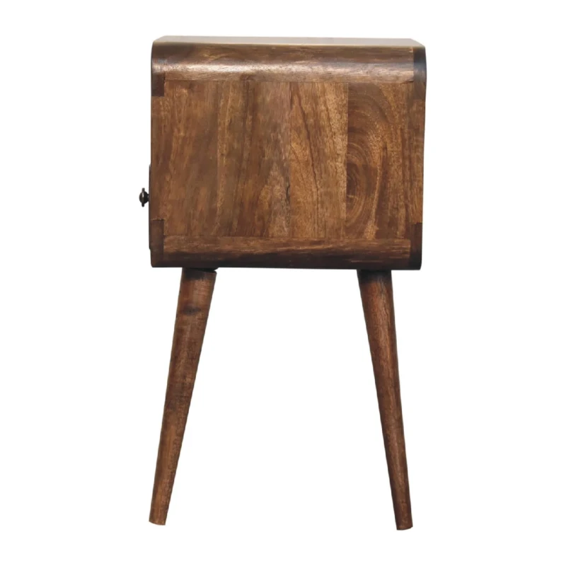 Solid Mango Wood Mini Curved Bedside Table with Drawer and Open Shelf, Desk with Aged Weathered Finish, 30L x 30W x 55H cm, Brown