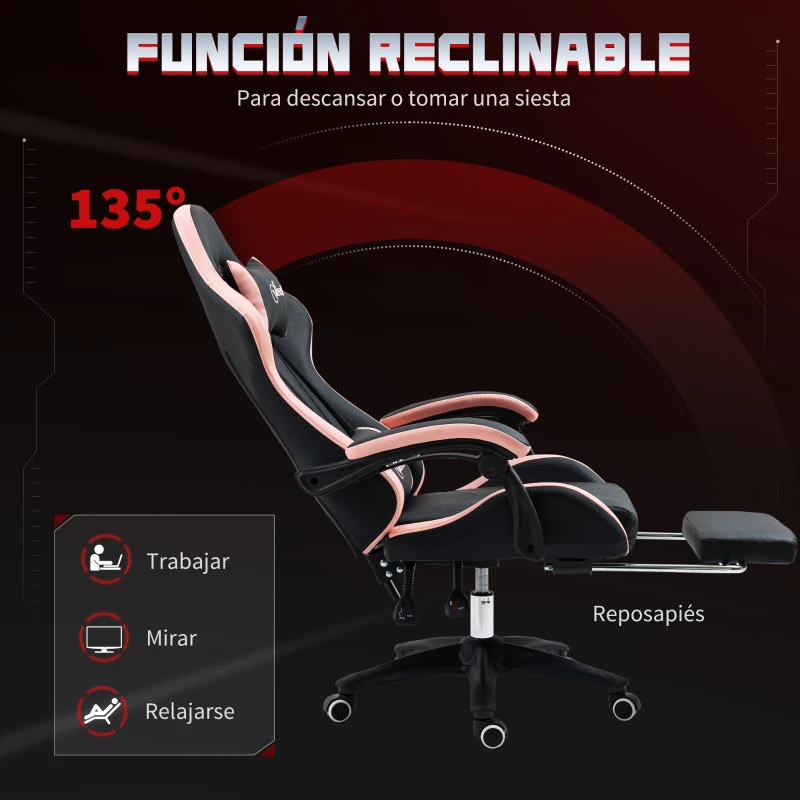 Vinsetto Silla Gaming Silla Gamer de Cuero PU Reclinable 135° Reposacabezas y Reposapiés 65x65x121-129 cm Negro y Rosa