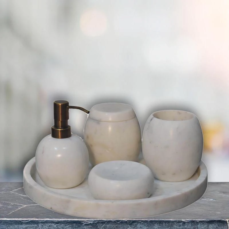 5-Piece Marble Bathroom Accessories Set with Sustainable Durable Design, Hand-Finished Set with Solid Mango Wood, 10L x 10W x 14H cm, White