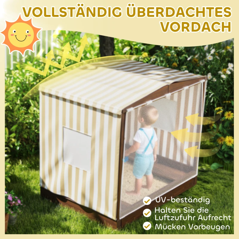 AIYAPLAY Zandbak, Zandkist met Baldakijn en Netdeur, Zitbanken, Bodembescherming, Bruin