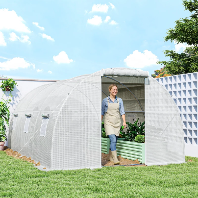 Outsunny Invernadero túnel de jardín 13,5 m² 6 ventanas, puerta enrollable con cremallera bastidor acero galvanizado, lona PE 4,5 x 3 x 2 m blanco