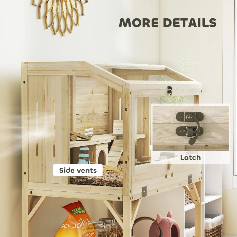 PawHut Hamster cage, 2 levels, small pet cage with storage compartment, accessories, 84 x 53 x 110 cm, Natural wood