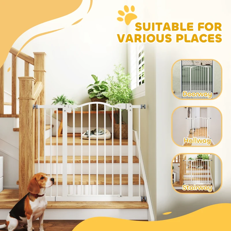 PawHut Metal 74-94cm Adjustable Pet Gate Safety Barrier w/ Auto-Close Door White