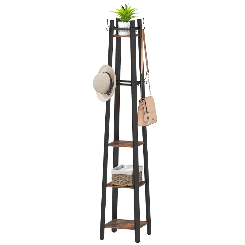 HOMCOM Industrial-Style Four Shelf Coat Stand - Brown/Black