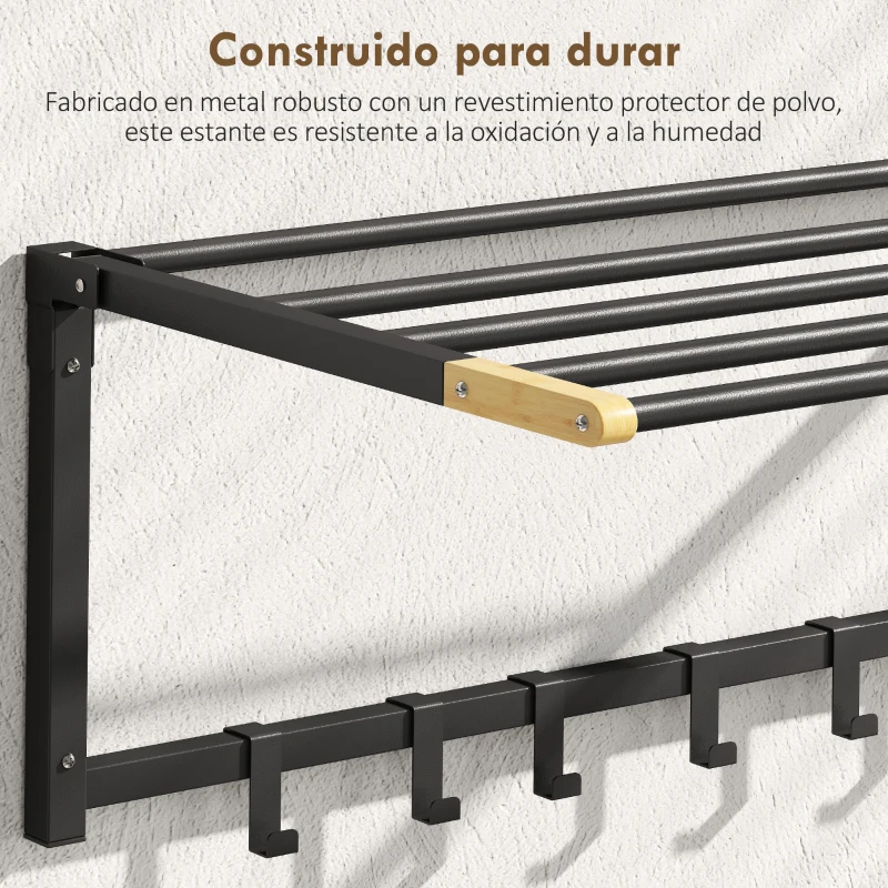 HOMCOM Toallero de Baño de Pared Toallero Plegable con 5 Barras y 6 Ganchos para Toallas Baño 60 cm Negro