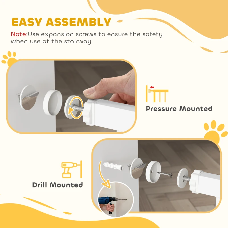 PawHut Metal 74-87cm Adjustable Pet Gate Safety Barrier w/ Auto-Close Door White