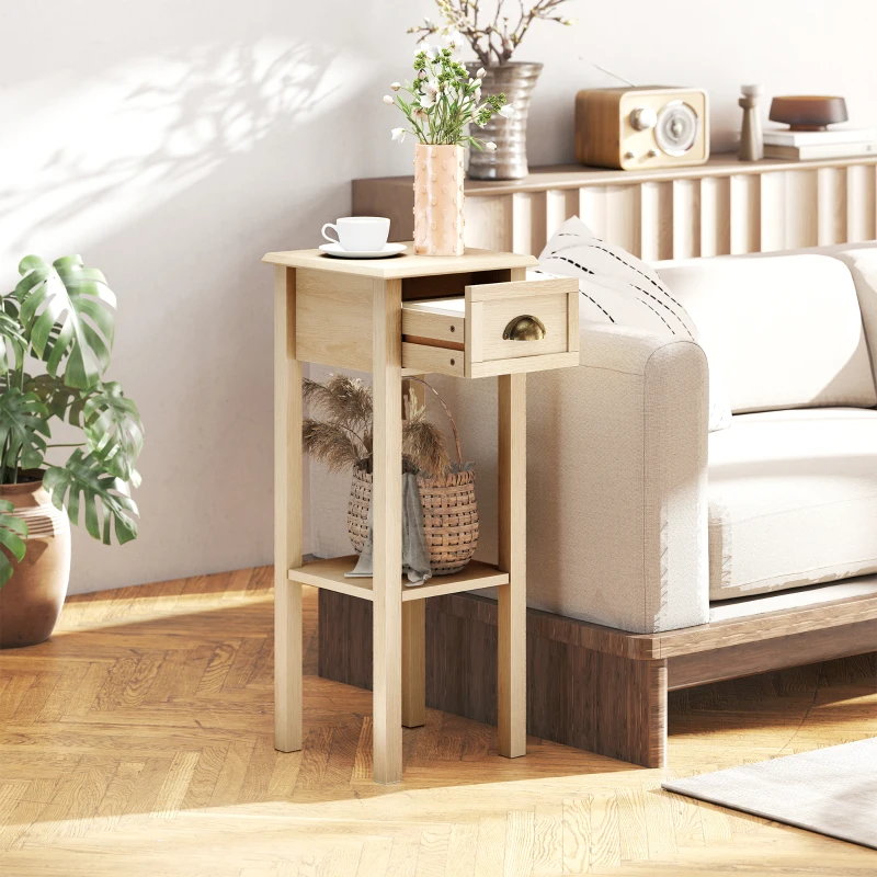 HOMCOM Mesa Auxiliar Rústica Mesa Auxiliar para Sofá con Cajón y Estante para Salón Dormitorio 30x30x75 cm Madera Natural