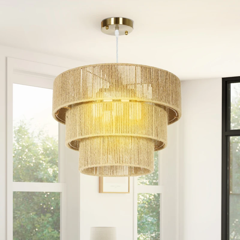 HOMCOM Hemp Rope Ceiling Light, 3-Layer Boho Pendant Light, 4 x E14 Vintage Ceiling Lamp Fixtures for Living Room, Bedroom, Kitchen, Hallway, Light Brown