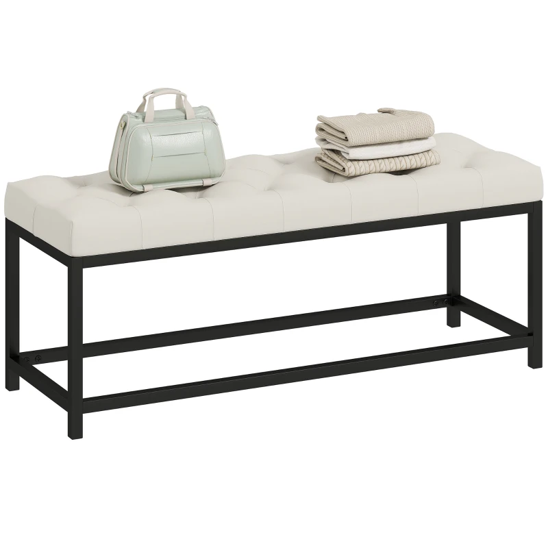 HOMCOM Banco Pie de Cama Tapizado en Terciopelo Diseño Capitoné Base de Metal para Dormitorio Entrada Salón Crema