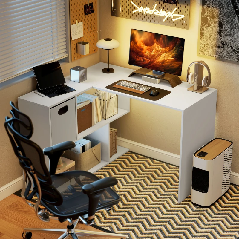 HOMCOM Modern Corner Desk with Shelf and Fabric Drawer, 110x100x75 cm, White