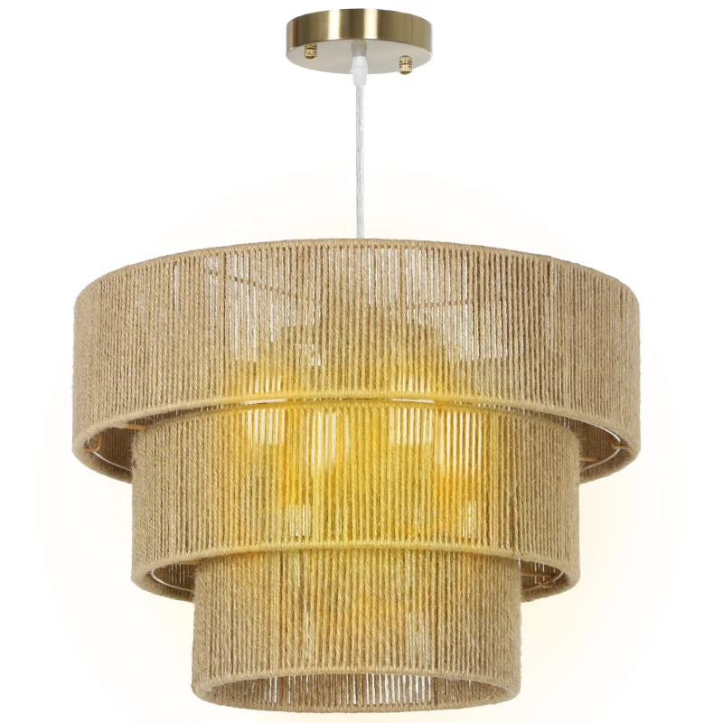 HOMCOM Hemp Rope Ceiling Light, 3-Layer Boho Pendant Light, 4 x E14 Vintage Ceiling Lamp Fixtures for Living Room, Bedroom, Kitchen, Hallway, Light Brown